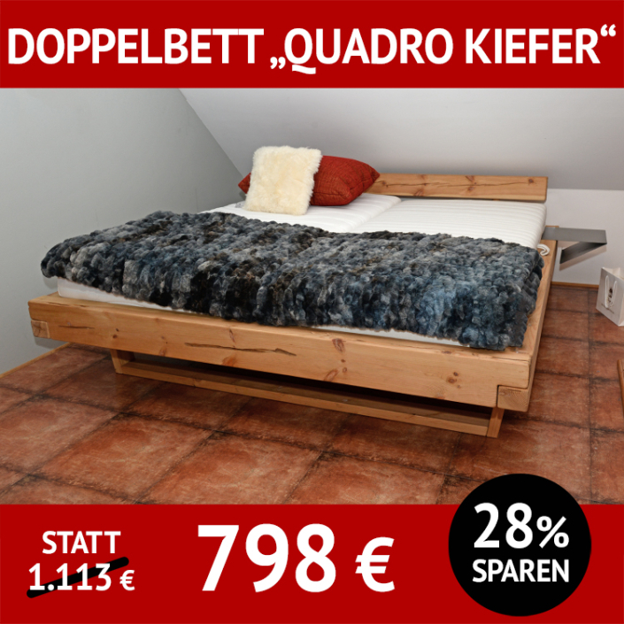 Doppelbett QUADRO 4, Kiefer massiv, gelaugt, geölt, auf Schwebekufen aus Kiefer, Ablagekonsolen aus Metall