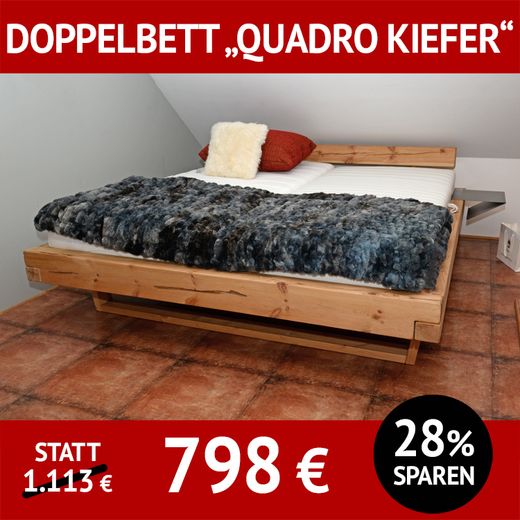 Doppelbett QUADRO 4, Kiefer massiv, gelaugt, geölt, auf Schwebekufen aus Kiefer, Ablagekonsolen aus Metall