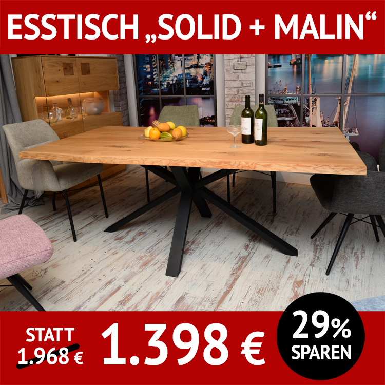 Esstisch SOLID + MALIN, Tischplatte aus massiver Ureiche, Untergestell aus schwarzem Metall