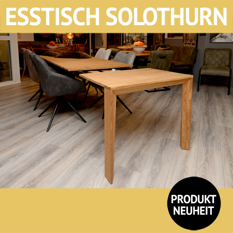 Esstisch SOLOTHURN, massive Wildeiche, Äste + Risse schwarz ausgekittet