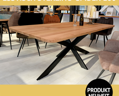 Esstisch STERLING + SPIDER180, Massivholzplatte Wildeiche mit breiten Lamellen und Metalluntergestell