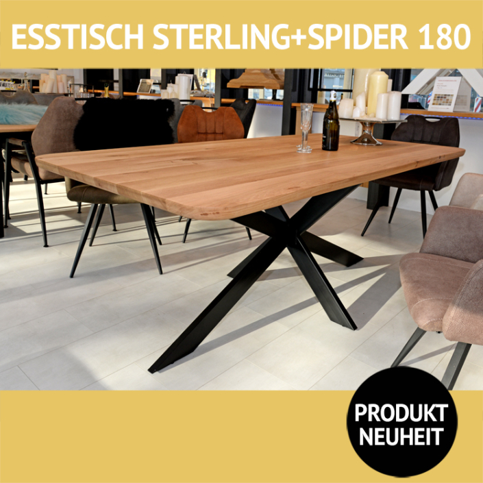 Esstisch STERLING + SPIDER180, Massivholzplatte Wildeiche mit breiten Lamellen und Metalluntergestell