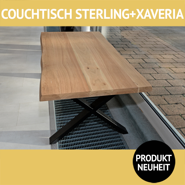 Couchtisch STERLING + XAVERIA, Tischplatte mit natürlicher Baumkante, Wildeiche massiv, Roheffekt geölt, Untergestell aus schwarzem Metall