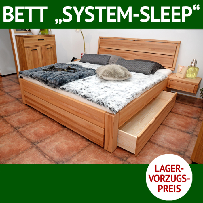 Bett SYSTEM-SLEEP mit 2 Schubladen und Nachtkonsolen, Kernbuche massiv Bett SYSTEM-SLEEP mit 2 Schubladen und Nachtkonsolen, Kernbuche massiv