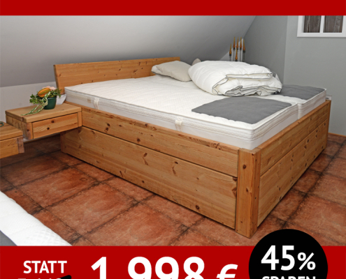 Doppelbett mit Schubkästen SYSTEMBETT, Kiefer massiv, gelaugt, geölt, Komforthöhe 54 cm
