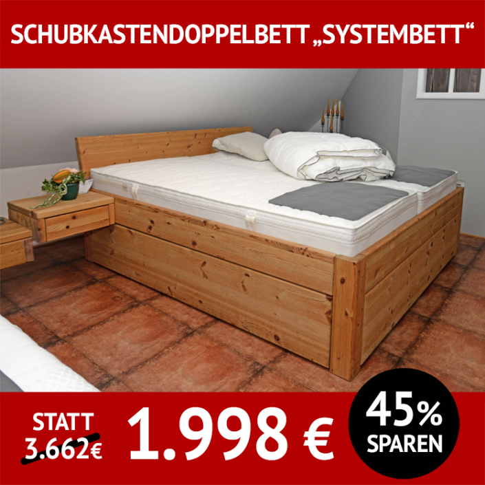 Doppelbett mit Schubkästen SYSTEMBETT, Kiefer massiv, gelaugt, geölt, Komforthöhe 54 cm