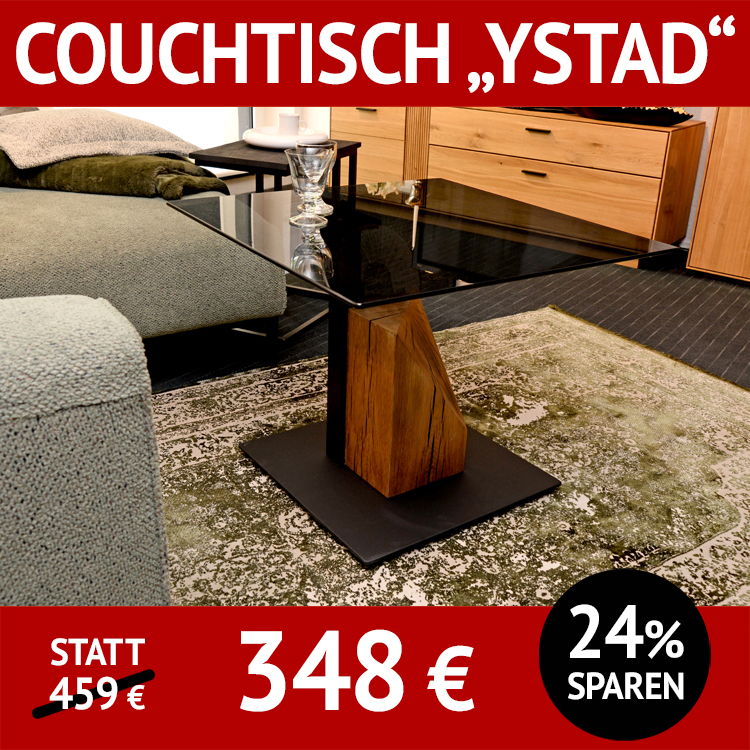 Couchtisch YSTAD, höhenverstellbar mit Lift, Platte aus Glas, Fuß Massivholz