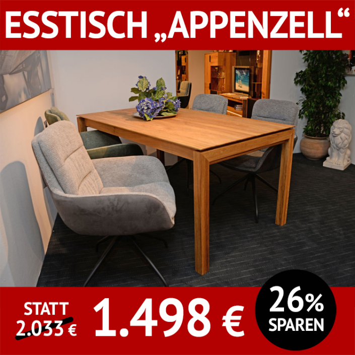 Esstisch Appenzell, ausziehbar, Massivholz Wildeiche, Natur geölt, 140 (200) x 90 cm