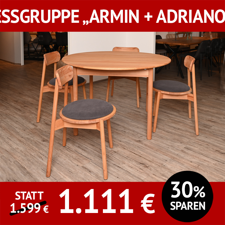 Essgruppe: Esstisch ARMIN und 4 Stühle ADRIANO, Kernbuche, Tisch: rund, ausziehbar