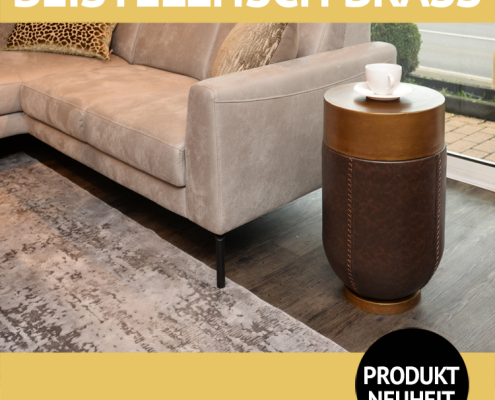 Beistelltisch BRASS, Aluminium messingfarben, Ummantelung im Lederlook