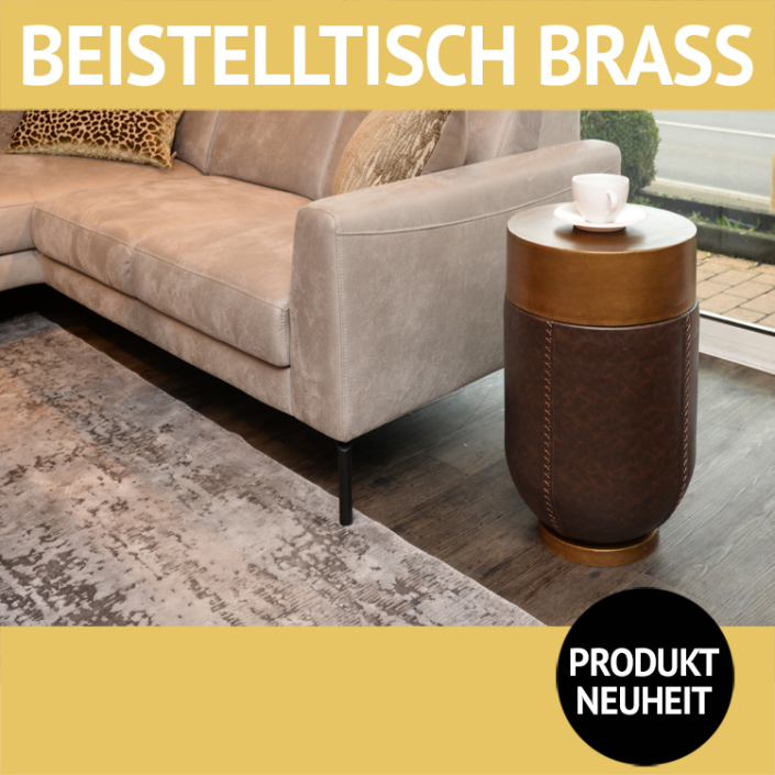 Beistelltisch BRASS, Aluminium messingfarben, Ummantelung im Lederlook