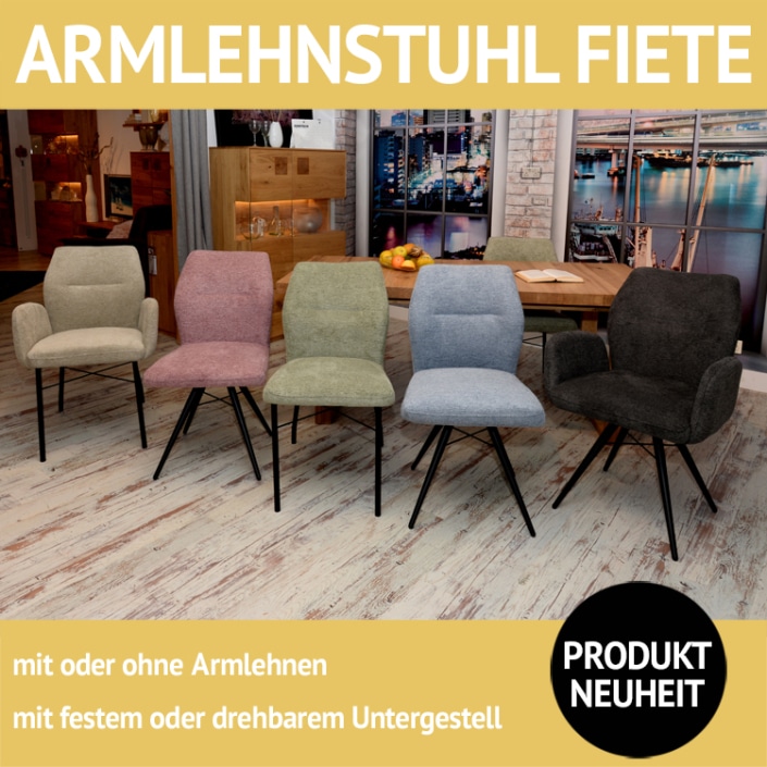 Stuhl FIETE, mit und ohne Armlehnen, mit drehbarem Untergestell oder 4-Fuß