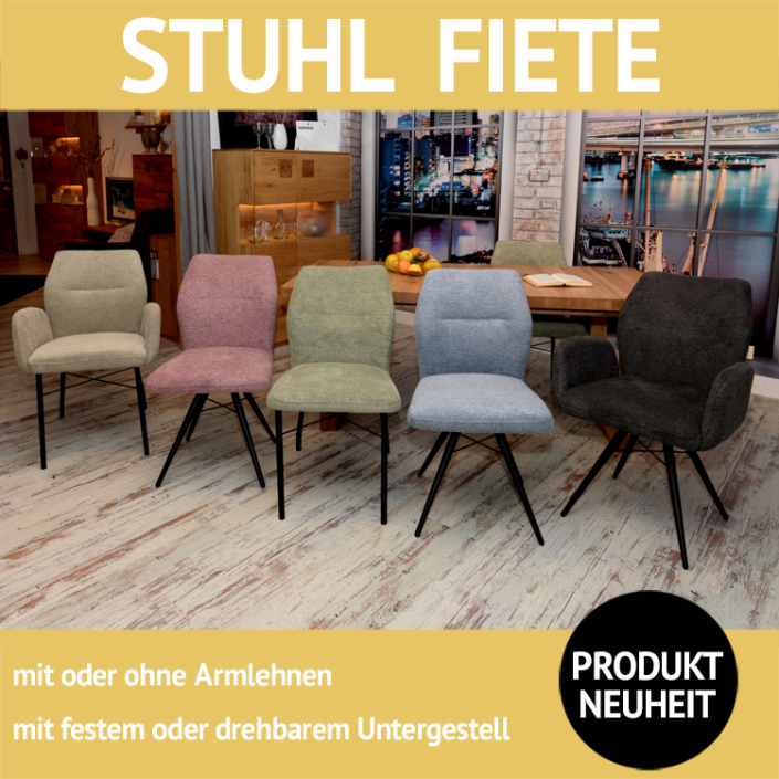 Stuhl FIETE, mit und ohne Armlehnen, mit drehbarem Untergestell oder 4-Fuß