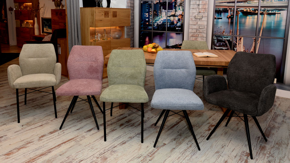 Stuhl FIETE, mit und ohne Armlehnen, mit drehbarem Untergestell oder 4-Fuß