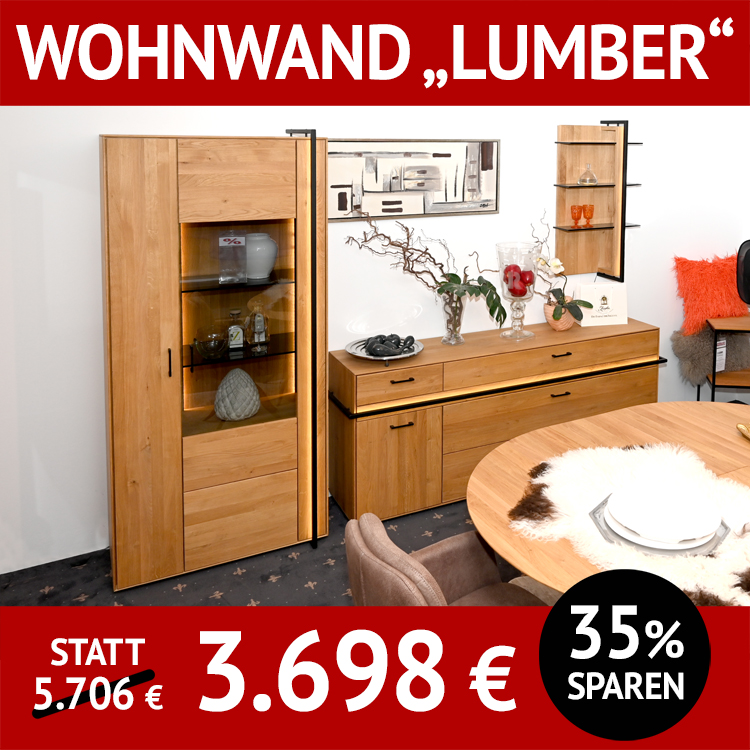 Wohnzimmerschränke LUMBER, komplette Wohnwand, Wildeiche massiv mit LED beleuchteten Rahmen
