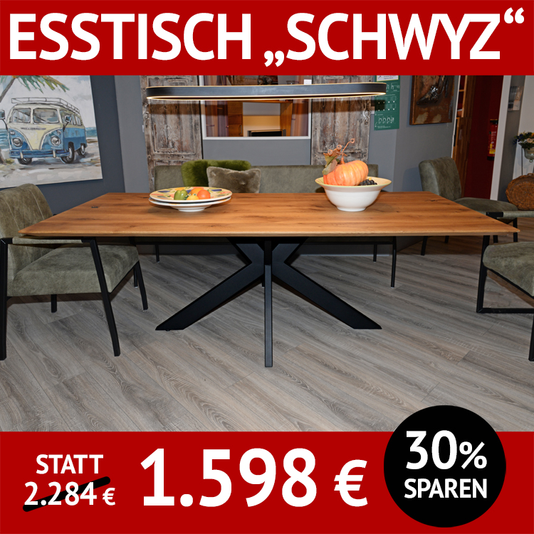 Esstisch SCHWYZ, Wildeiche massiv, Schweizer Kante