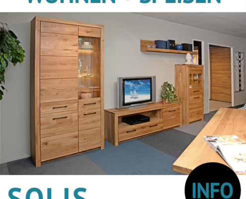 Wohnwand aus Massivholz SOLIS, Wildeiche mit edelstahlfarbigen oder schwarzen Griffen