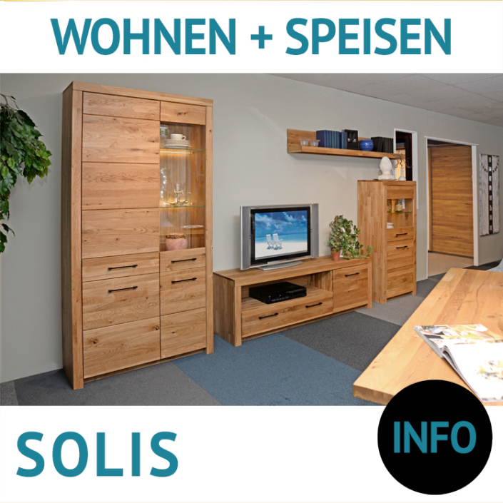 Wohnwand aus Massivholz SOLIS, Wildeiche mit edelstahlfarbigen oder schwarzen Griffen