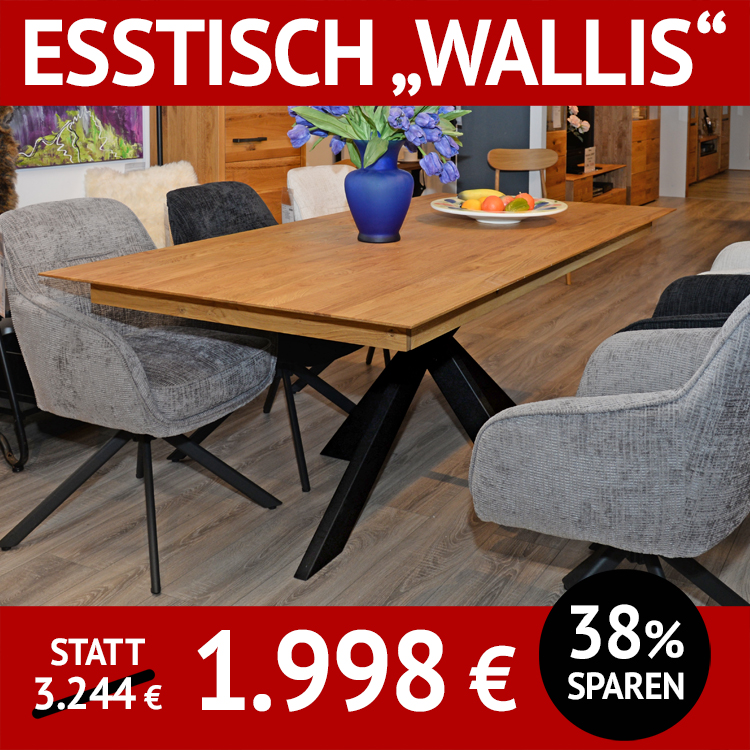 Esstisch WALLIS Wildeiche massiv, Natur, geölt,, Schweizer kante, Spider-Untergestell, Rohstahl schwarz matt