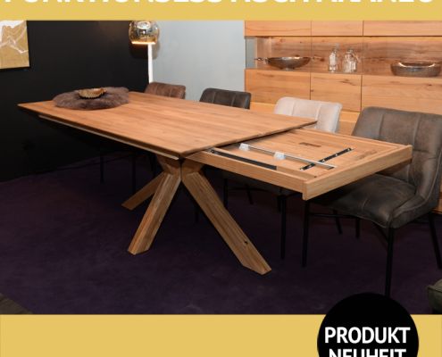 ARANEO Esstisch, Wildeiche massiv, ausziehbar, Spideruntergestell aus Massivholz