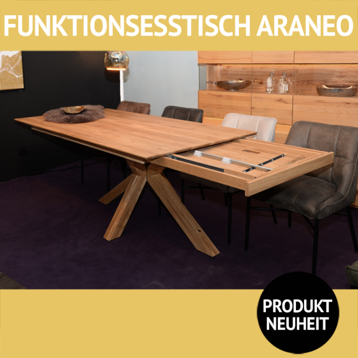 ARANEO Esstisch, Wildeiche massiv, ausziehbar, Spideruntergestell aus Massivholz