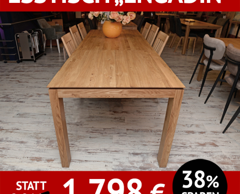 Esstisch ENGADIN, Wildeiche, massiv, natur geölt, 4-Fuß-Tisch mit Auszug und Schweizer Kante