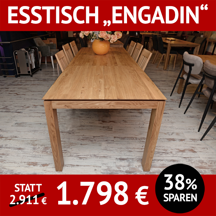 Esstisch ENGADIN, Wildeiche, massiv, natur geölt, 4-Fuß-Tisch mit Auszug und Schweizer Kante