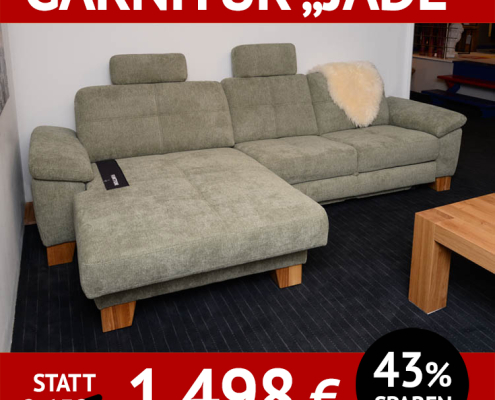 Sofa mit Schlaf-Funktion JADE mit Maxi Longchair, Couchtisch und Sideboard PROVENCE, Birke/MDF, weiss lackiert, Deckplatte massive Eiche