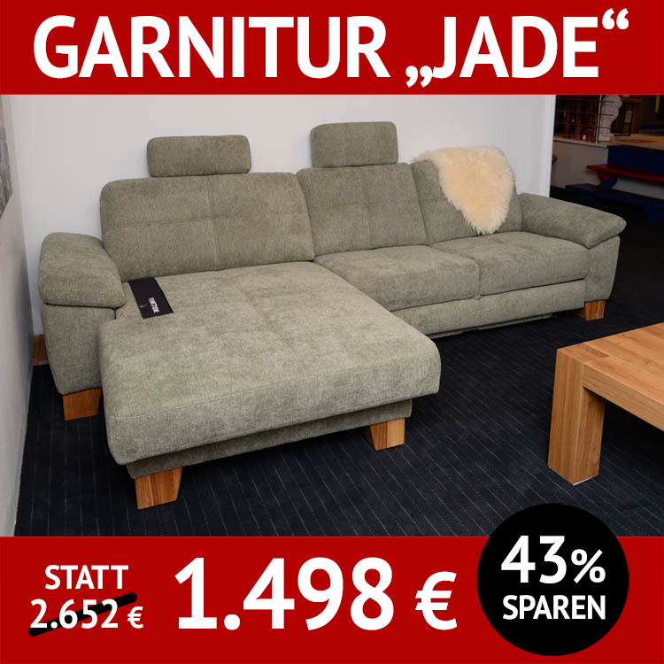 Sofa mit Schlaf-Funktion JADE mit Maxi Longchair, Couchtisch und Sideboard PROVENCE, Birke/MDF, weiss lackiert, Deckplatte massive Eiche