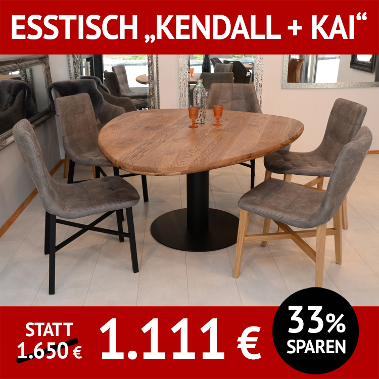 Esstisch KENDALL mit Untergestell KAI, Freiformplatte aus massiver Wildeiche