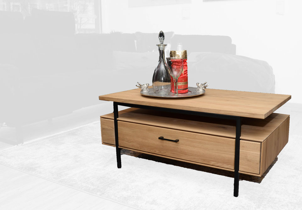 Couchtisch mit Schublade LUMBER, Eiche massiv, Roheffekt geölt Couchtisch mit Schublade LUMBER, Eiche massiv, Roheffekt geölt