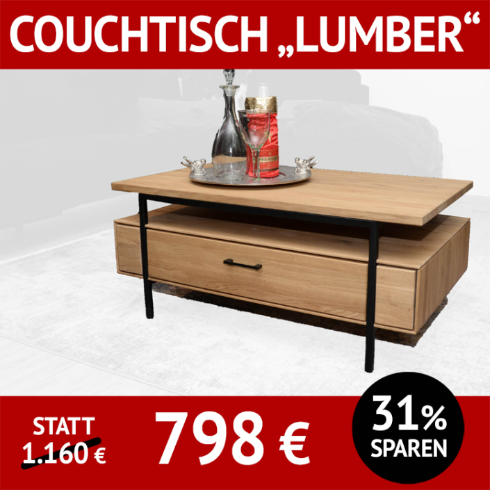 Couchtisch mit Schublade LUMBER, Eiche massiv, Roheffekt geölt Couchtisch mit Schublade LUMBER, Eiche massiv, Roheffekt geölt