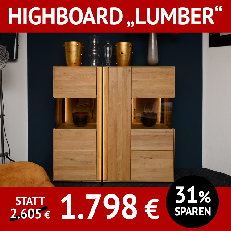 Highboard LUMBER aus Eiche massiv, roheffekt geölt, Front- und Rückwandbeleuchtung