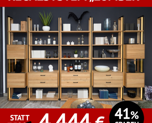 Stauraum-Regalwand LUMBER, Eiche massiv, roheffekt geölt, Front- und Rückwandbeleuchtung, Schubladen und Schränke