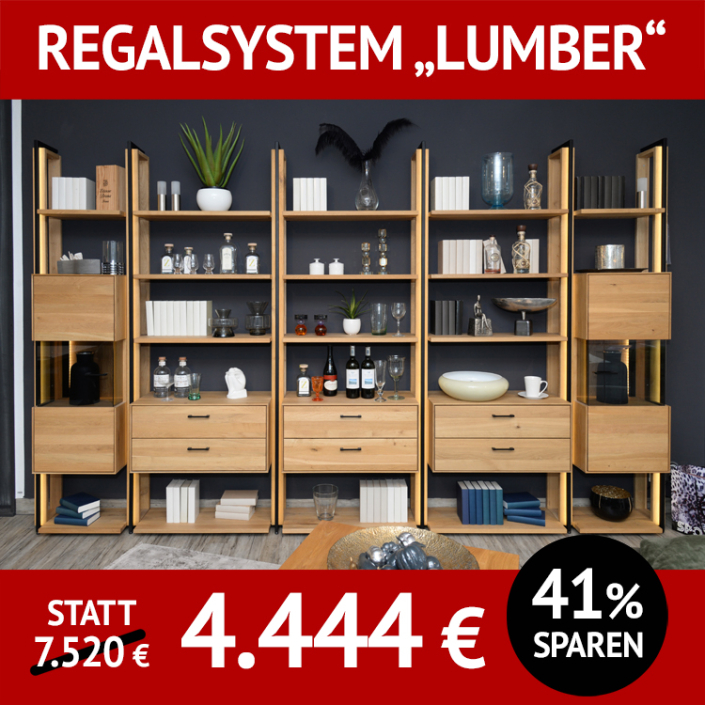 Stauraum-Regalwand LUMBER, Eiche massiv, roheffekt geölt, Front- und Rückwandbeleuchtung, Schubladen und Schränke Stauraum-Regalwand LUMBER, Eiche massiv, roheffekt geölt, Front- und Rückwandbeleuchtung, Schubladen und Schränke