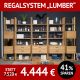 Stauraum-Regalwand LUMBER, Eiche massiv, roheffekt geölt, Front- und Rückwandbeleuchtung, Schubladen und Schränke