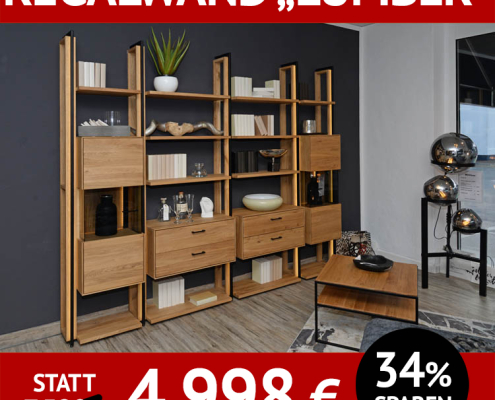 Stauraum-Regalwand LUMBER, Eiche massiv, roheffekt geölt, Front- und Rückwandbeleuchtung, Schubladen und Schränke