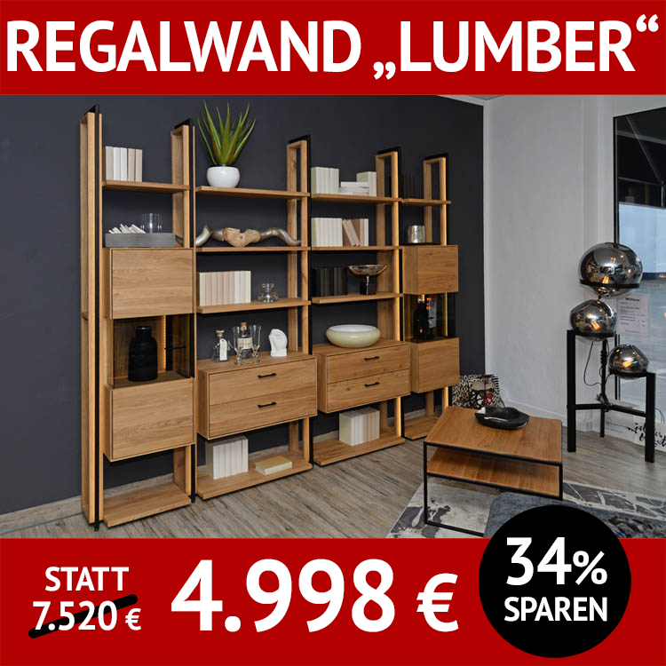 Stauraum-Regalwand LUMBER, Eiche massiv, roheffekt geölt, Front- und Rückwandbeleuchtung, Schubladen und Schränke