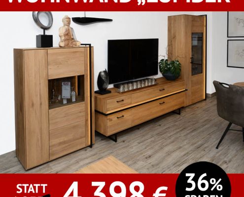 Wohnwand LUMBER, Wohnzimmerschränke aus Eiche massiv, roheffekt geölt, Front- und Rückwandbeleuchtung