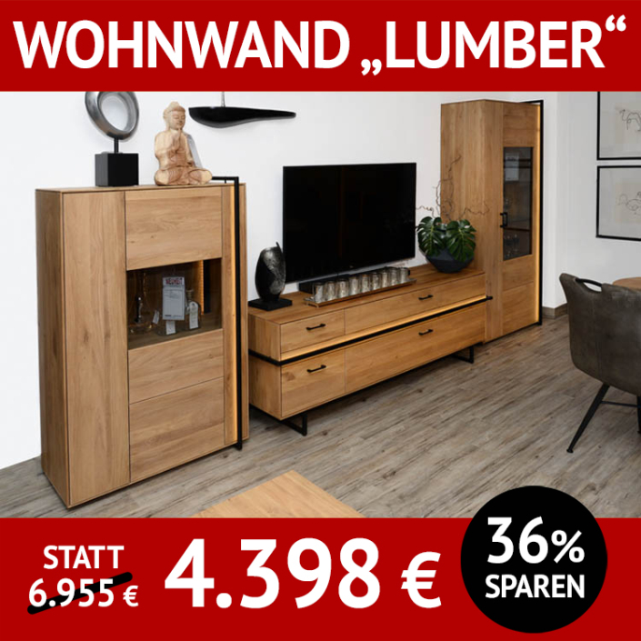 Wohnwand LUMBER, Wohnzimmerschränke aus Eiche massiv, roheffekt geölt, Front- und Rückwandbeleuchtung