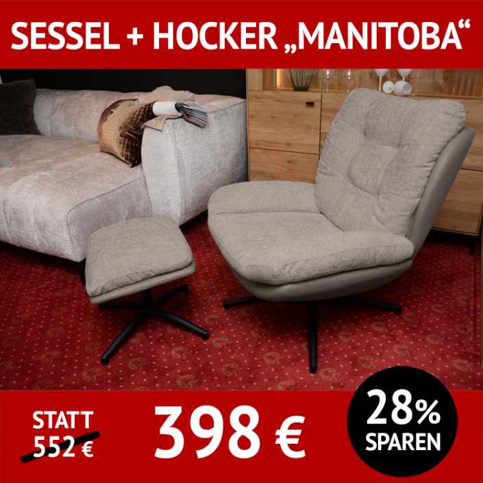Sessel mit passendem Hocker MANITOBA, drehbar und mit Wippfunktion, die Rückseite ist anders bezogen