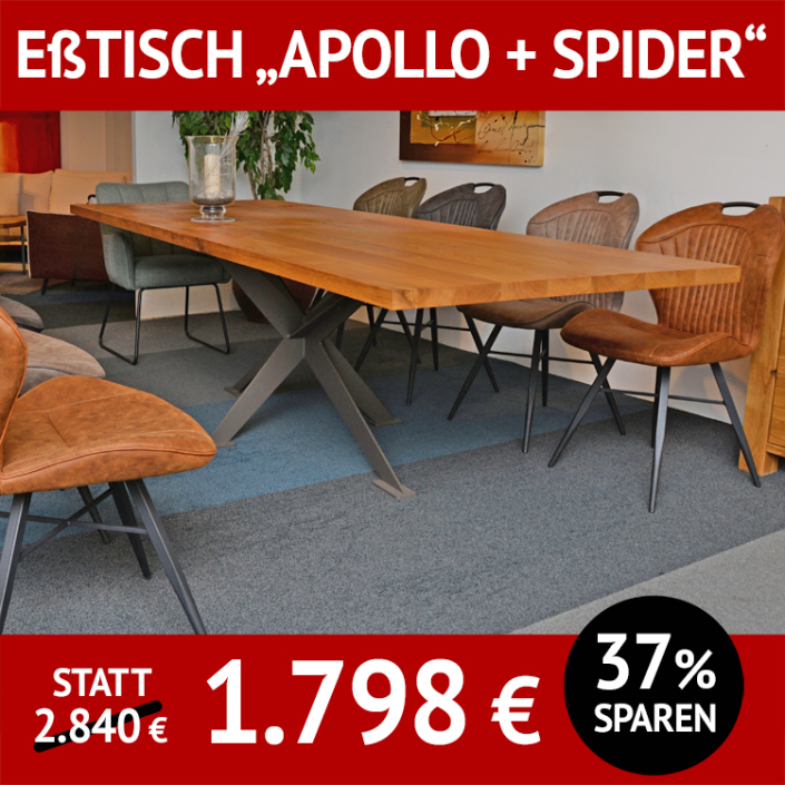 Esstisch bestehend aus: Tischuntergestell SPIDER, Laserschnitt, carbonfarbig, Tischplatte APOLLO, Massivholz Balkeneiche Esstisch bestehend aus: Tischuntergestell SPIDER, Laserschnitt, carbonfarbig, Tischplatte APOLLO, Massivholz Balkeneiche