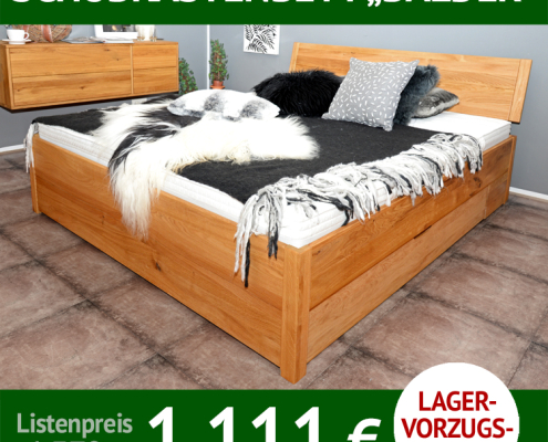 Bett mit Schubladen BALDER, Wildeiche massiv, Holzkopfteil