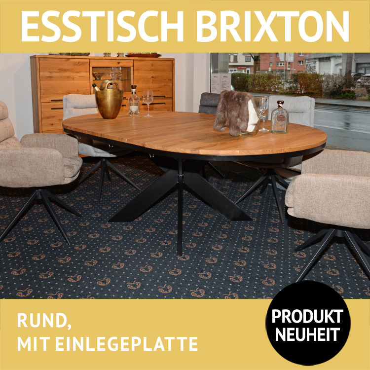 Esstisch BRIXTON, rund mit Ø 130cm, erweiterbar mit Einlegeplatte, Massivholz Wildeiche, Sternfuß aus Metall