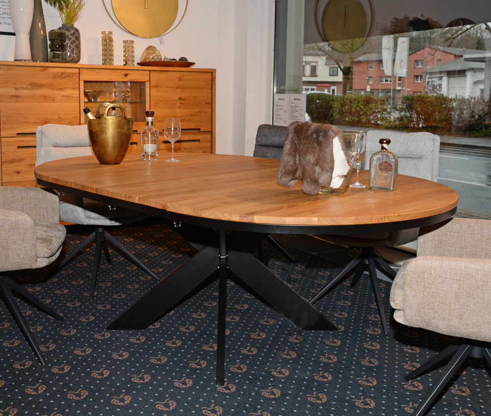 Esstisch BRIXTON, rund mit Ø 130cm, erweiterbar mit Einlegeplatte, Massivholz Wildeiche, Sternfuß aus Metall