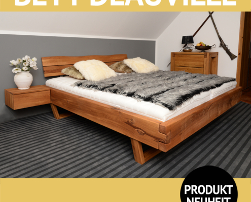 Bett DEAUVILLE, Bohlen-Doppelbett, Kopfteil mit natürlicher Baumkante, Massivholz Wildeiche mit Wuchsrissen, Holz-Schwebekufe