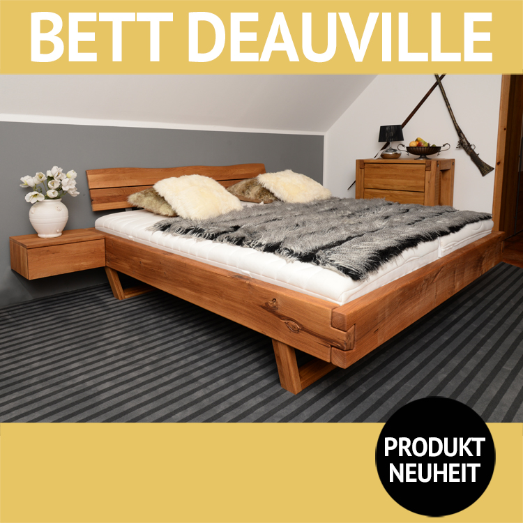 Bett DEAUVILLE, Bohlen-Doppelbett, Kopfteil mit natürlicher Baumkante, Massivholz Wildeiche mit Wuchsrissen, Holz-Schwebekufe