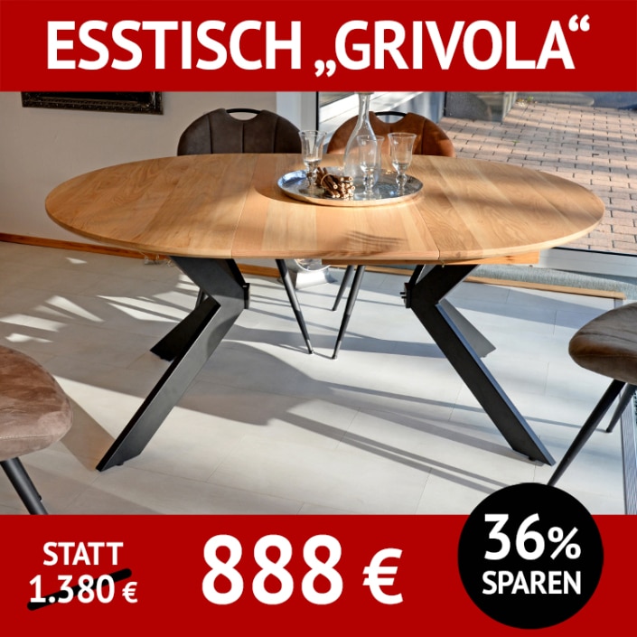 Esstisch GRIVOLA, Wildeiche massiv, Roheffekt geölt mit Einlegeplatte in Wildeiche furniert, Untergestell Metall, schwarz Esstisch GRIVOLA, Wildeiche massiv, Roheffekt geölt mit Einlegeplatte in Wildeiche furniert, Untergestell Metall, schwarz