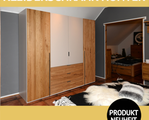 Kleiderschrank HUNTER, Holztüren und Schubladen aus Massivholz, Korpus MDF