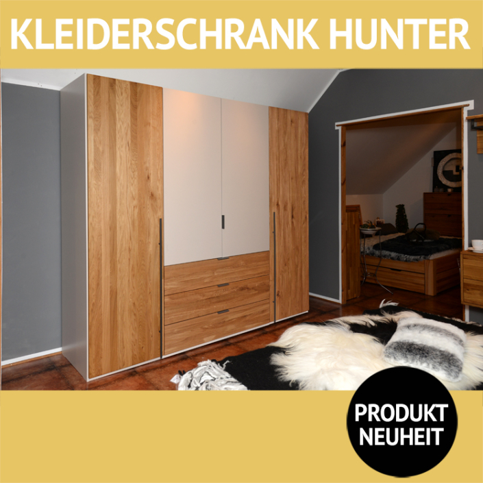 Kleiderschrank HUNTER, Holztüren und Schubladen aus Massivholz, Korpus MDF